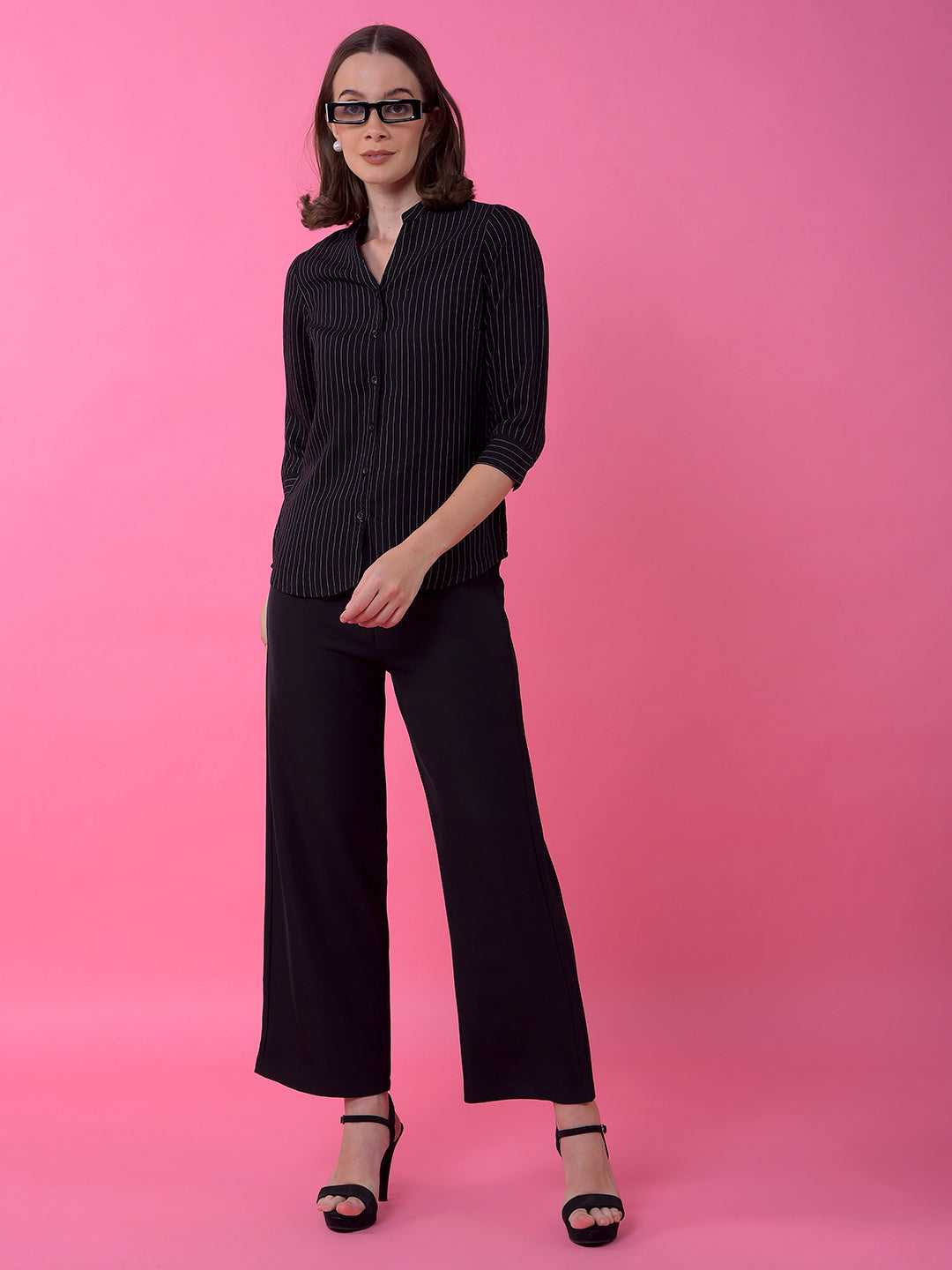 Black Vertical Stripes V-Neck Shirt