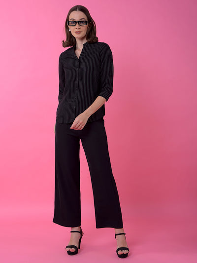 Black Vertical Stripes V-Neck Shirt