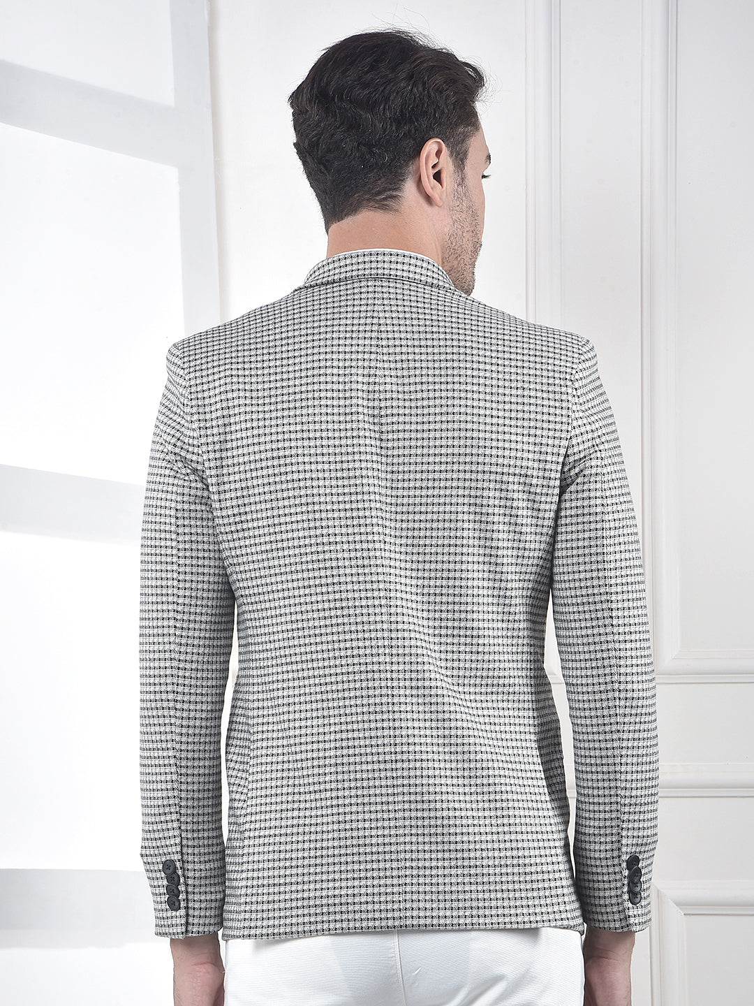 Grey Micro-Check Single-Breasted Blazer