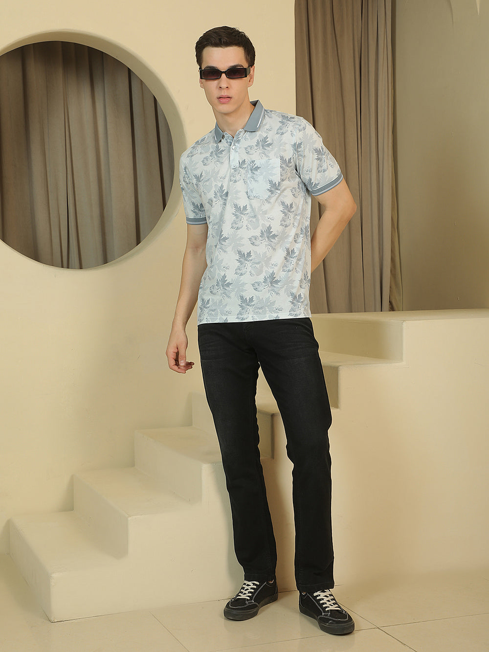 Blue Floral Print Polo Neck T-Shirt