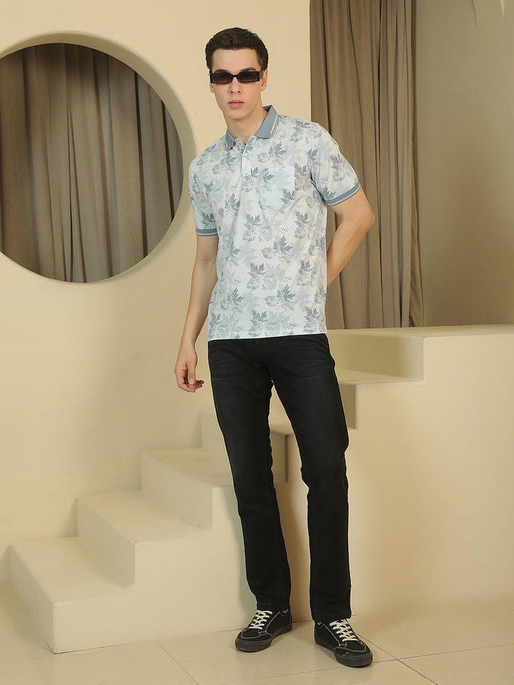 Blue Floral Print Polo Neck T-Shirt