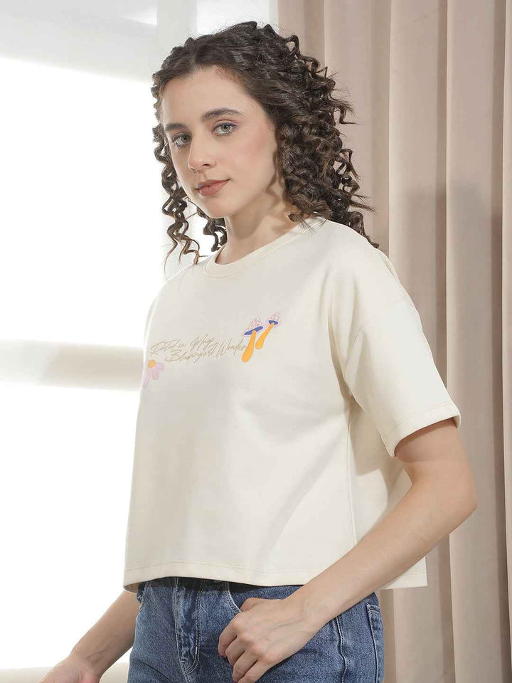 Beige Typographic Printed Crop Oversize T-Shirt