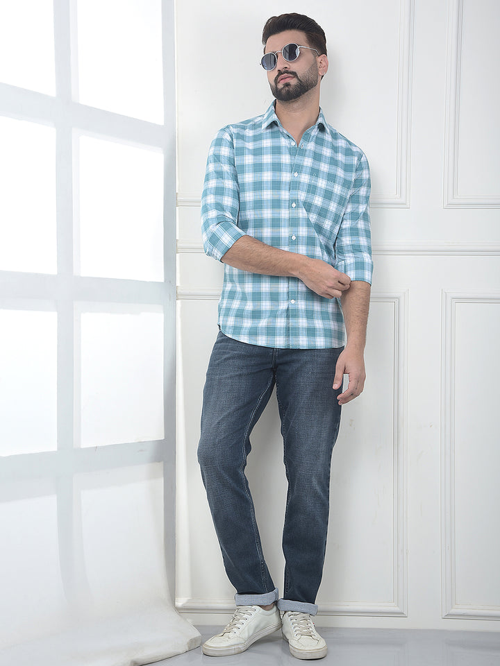 Umber Celeste Blue Checked 100% Cotton Shirt