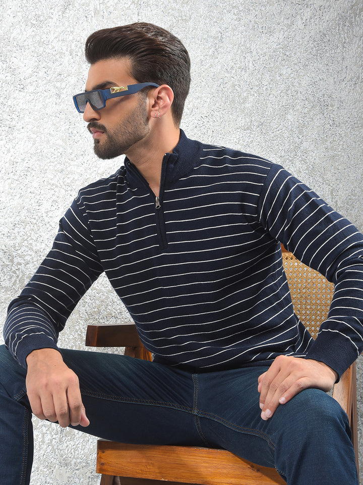 Navy Blue Vertical Stripes Knitted Sweater