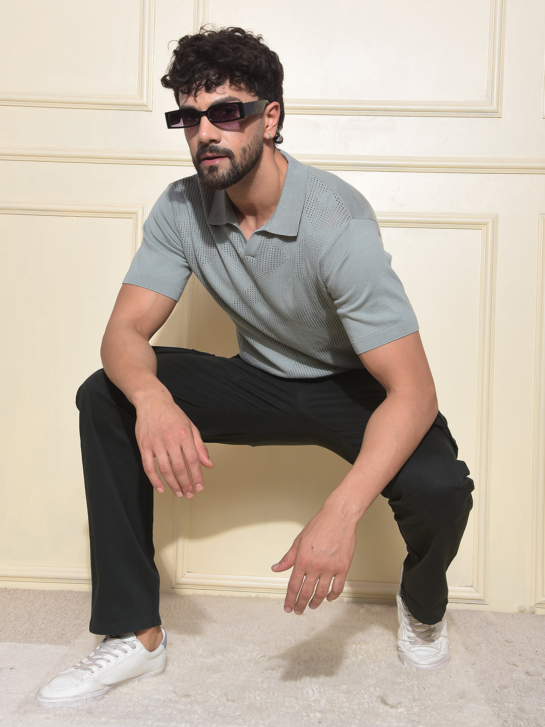 Green Jacquard Polo Neck T-Shirt