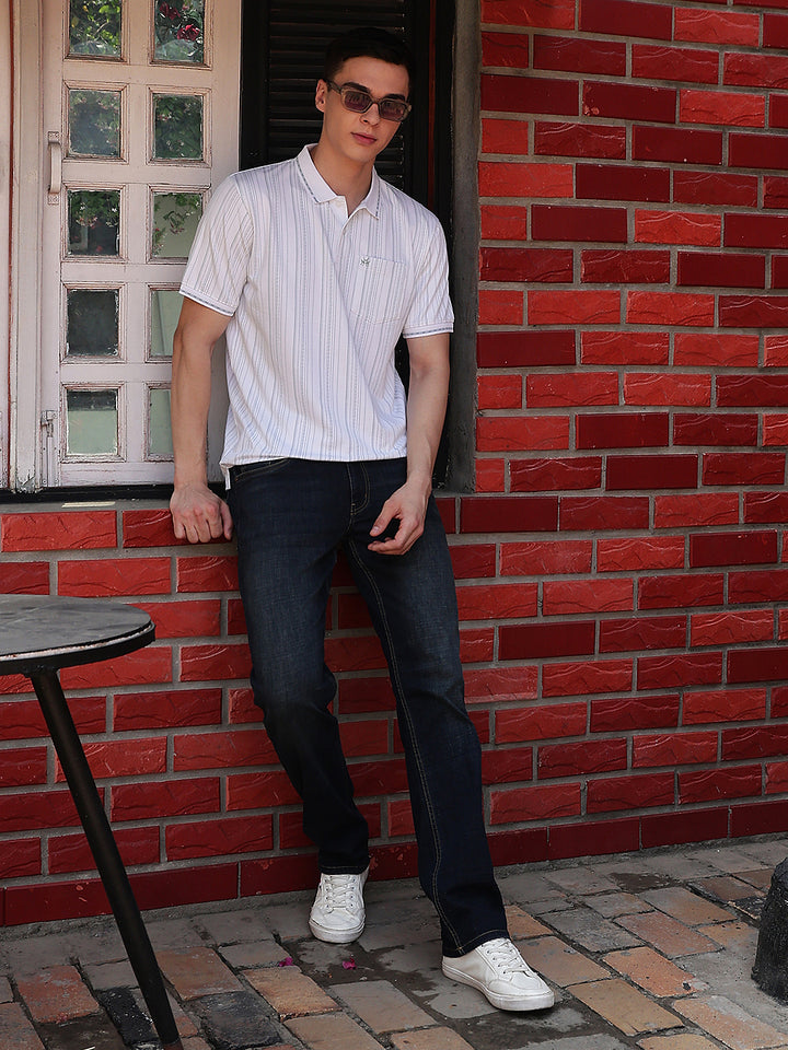 White Vertical Stripes Polo Neck T-Shirt