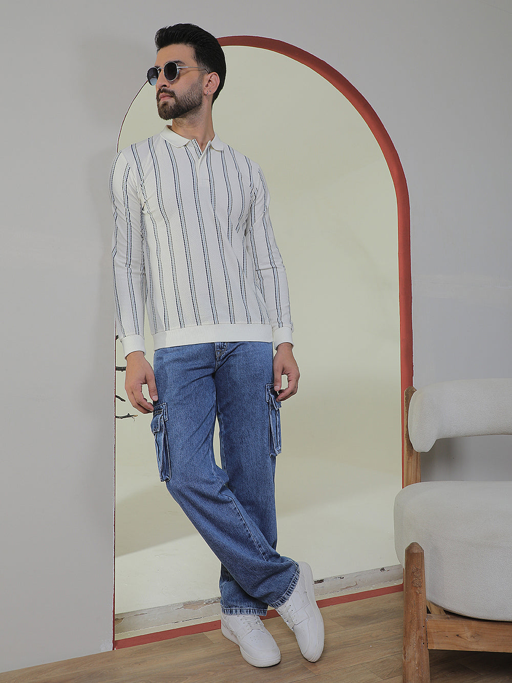 Off White Striped Polo Neck T-Shirt