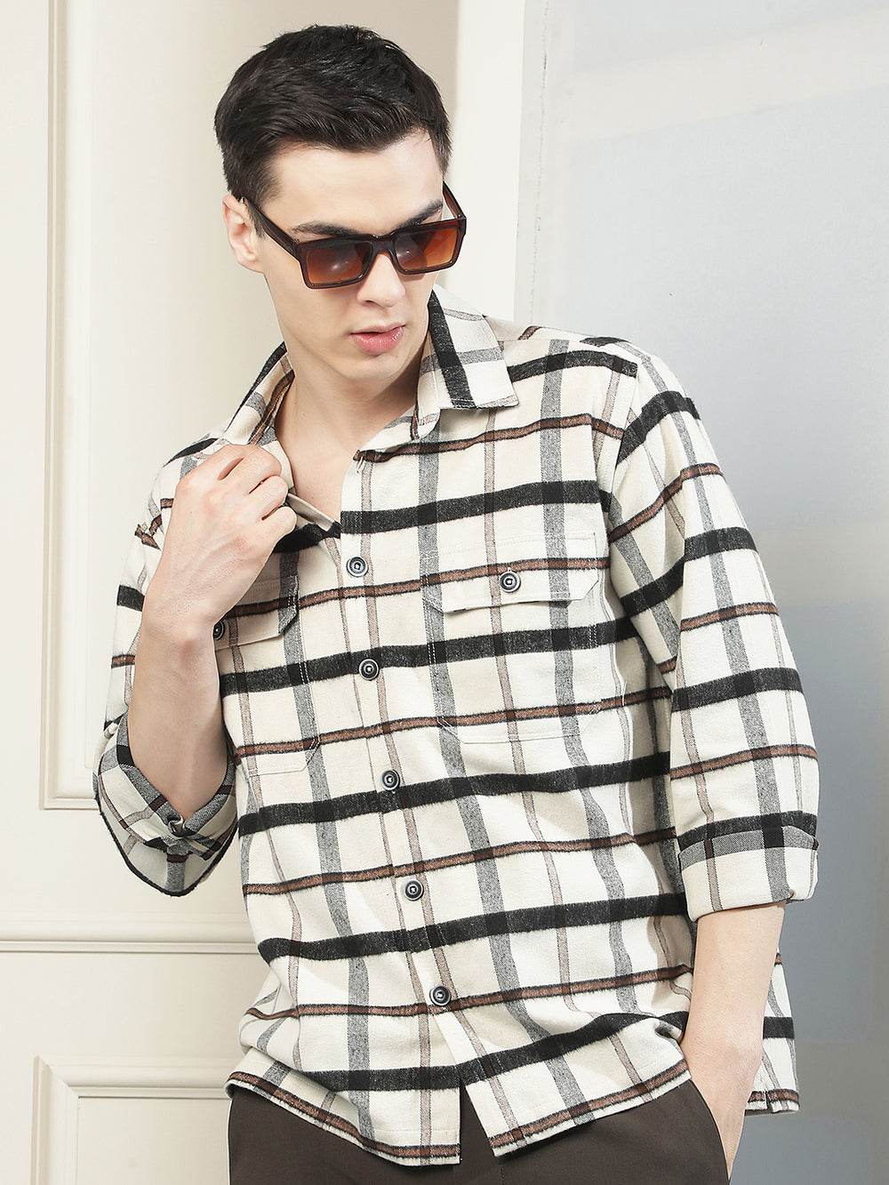 Cream Checked Double Pocket Shirt