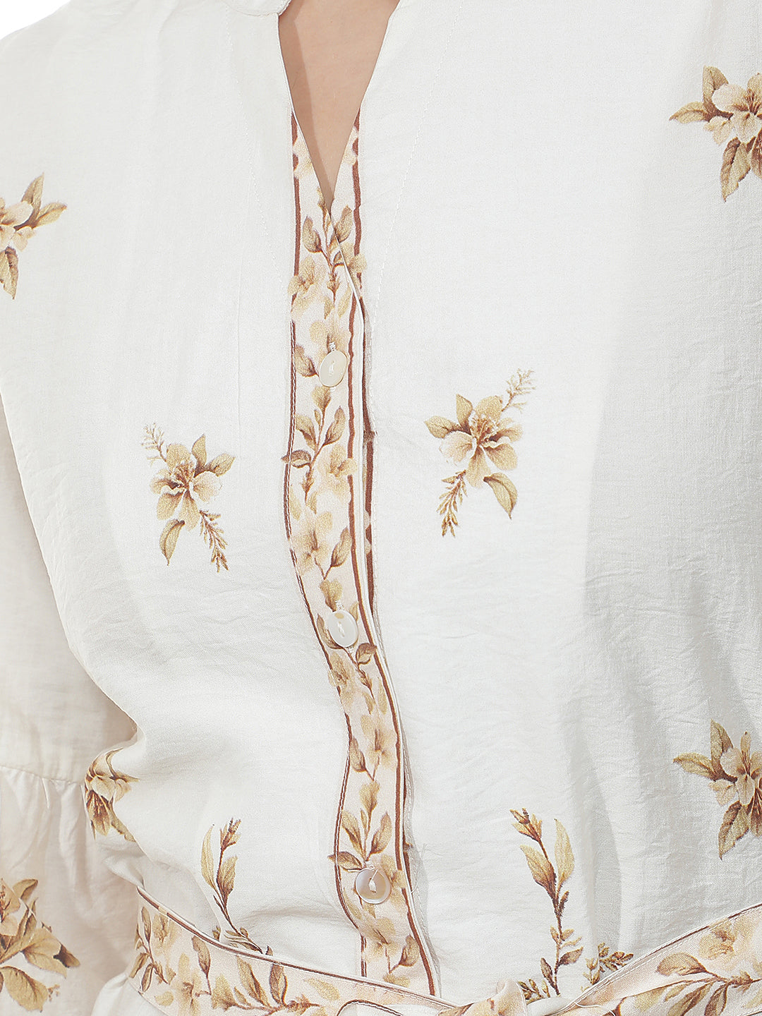 Cream Floral Print Midi Shirt Dress With Belt