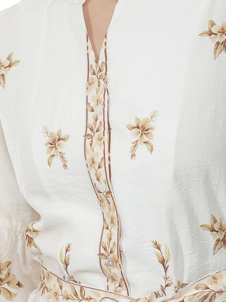 Cream Floral Print Midi Shirt Dress With Belt