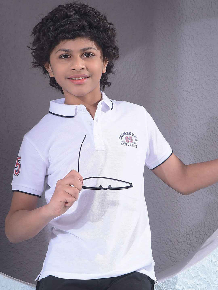 White Typographic Print Polo Neck T-Shirt