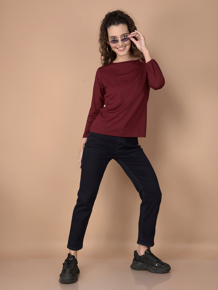 Wine Crop Length T-Shirt-Women T-Shirts-Crimsoune Club