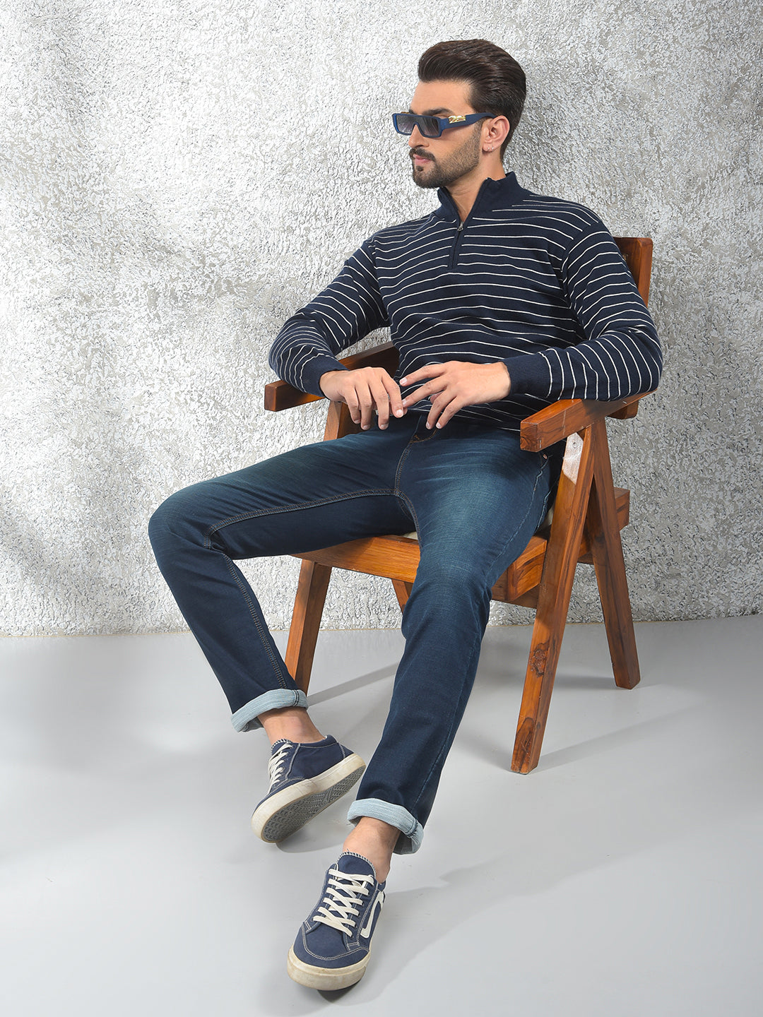 Navy Blue Vertical Stripes Knitted Sweater