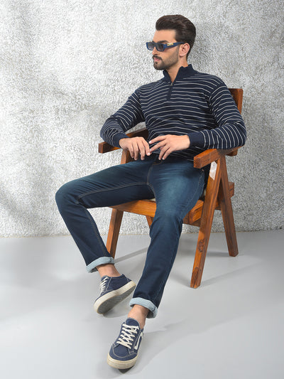 Navy Blue Vertical Stripes Knitted Sweater