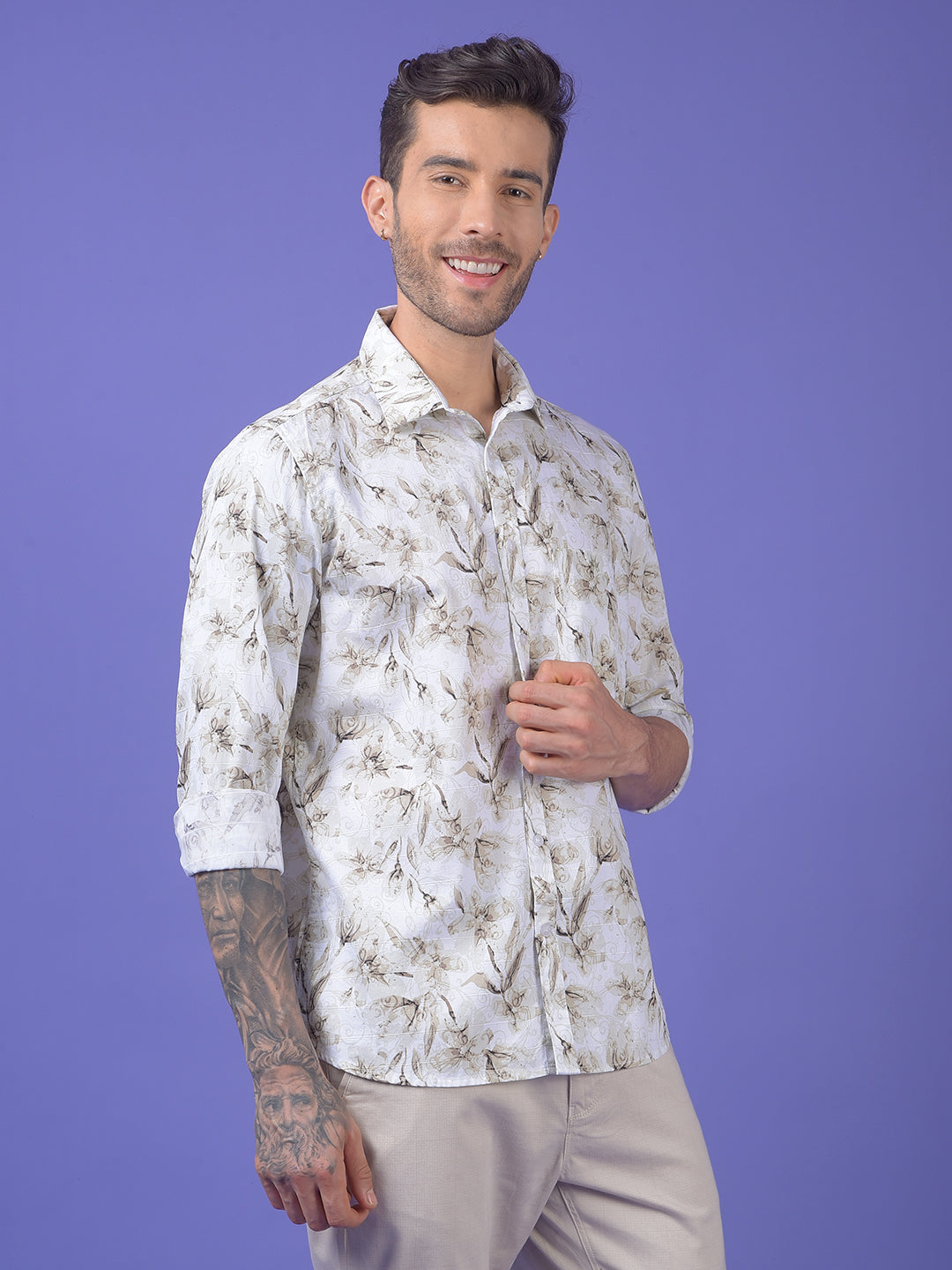 Brown Floral Print 100% Cotton Shirt