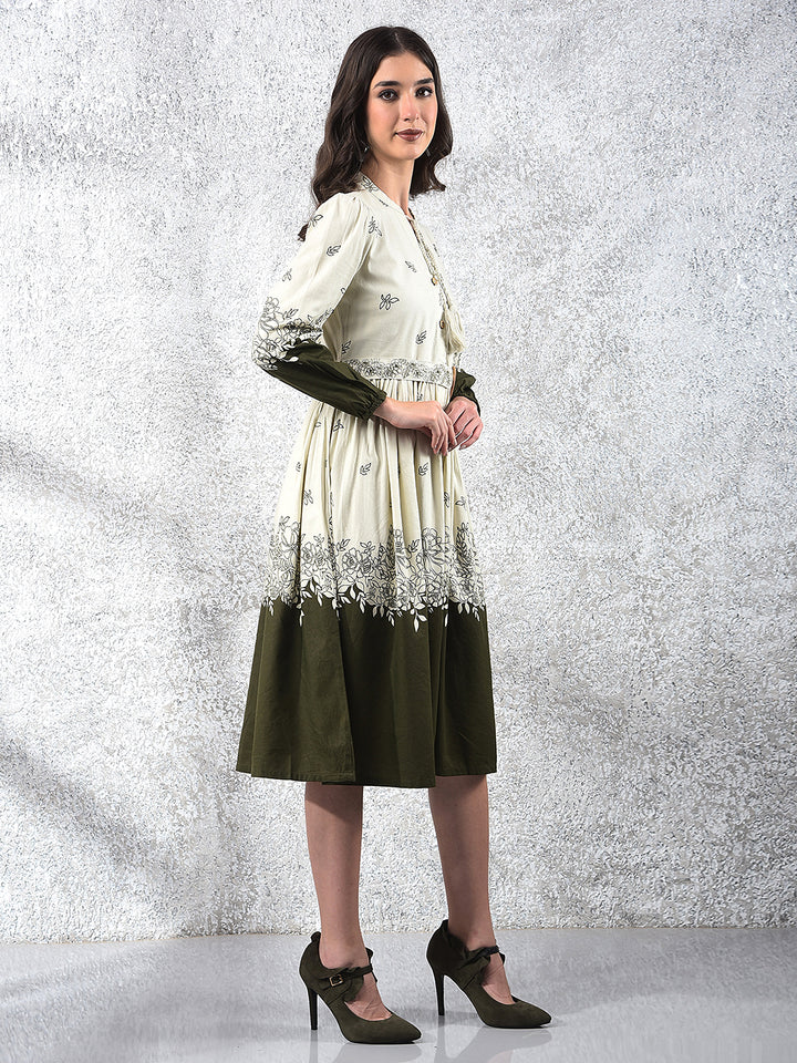 Olive Floral Print V-Neck A-Line Dress With Belt