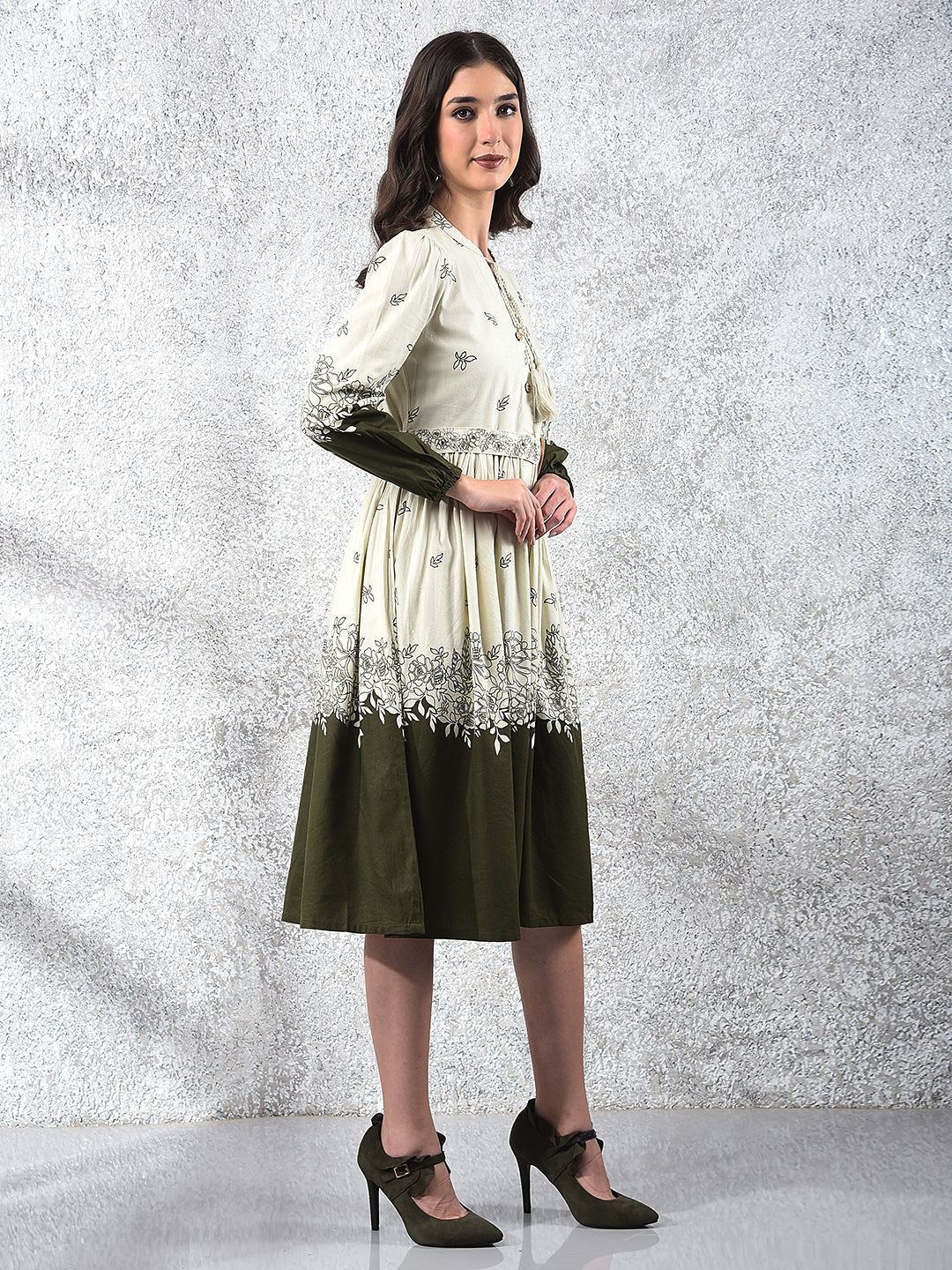 Olive Floral Print V-Neck A-Line Dress With Belt