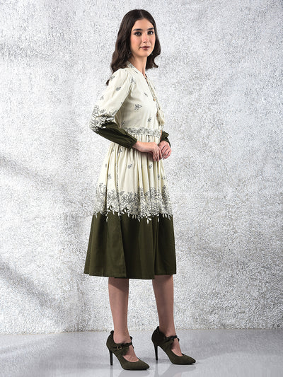 Olive Floral Print V-Neck A-Line Dress With Belt