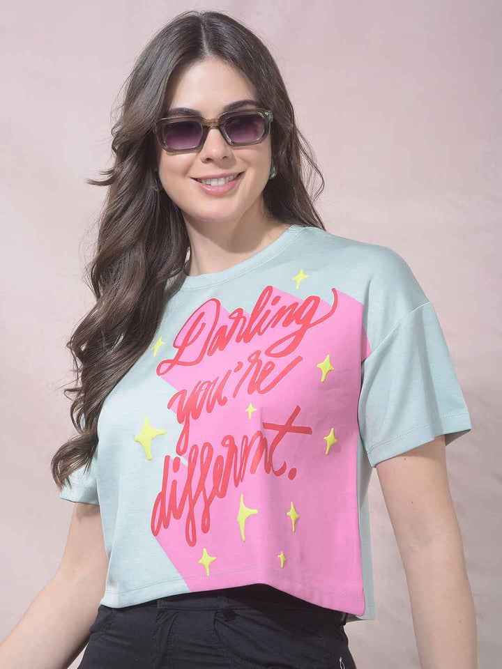 Green Typographic Print Cropped T-Shirt