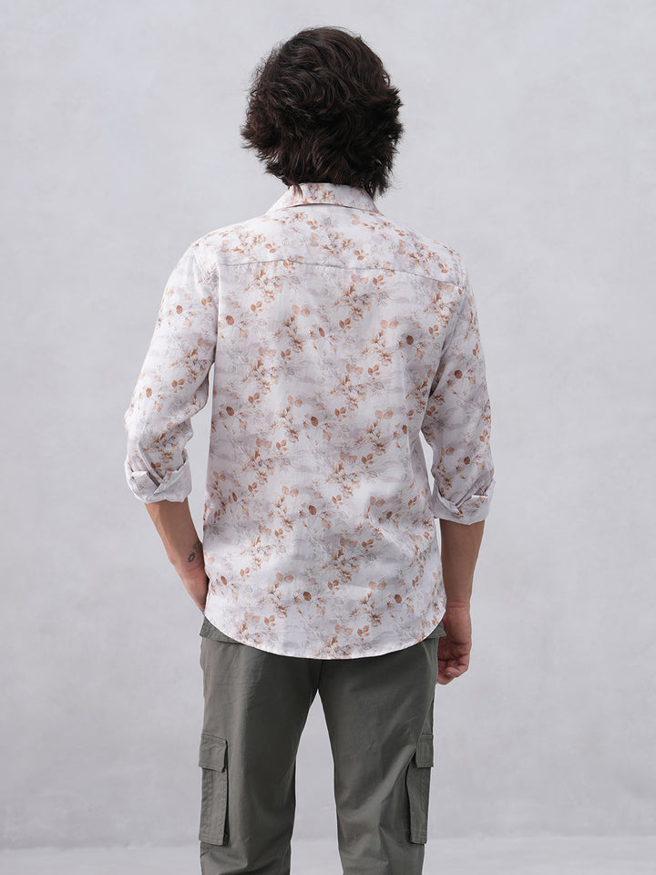 Peach Floral Print Linen Shirt