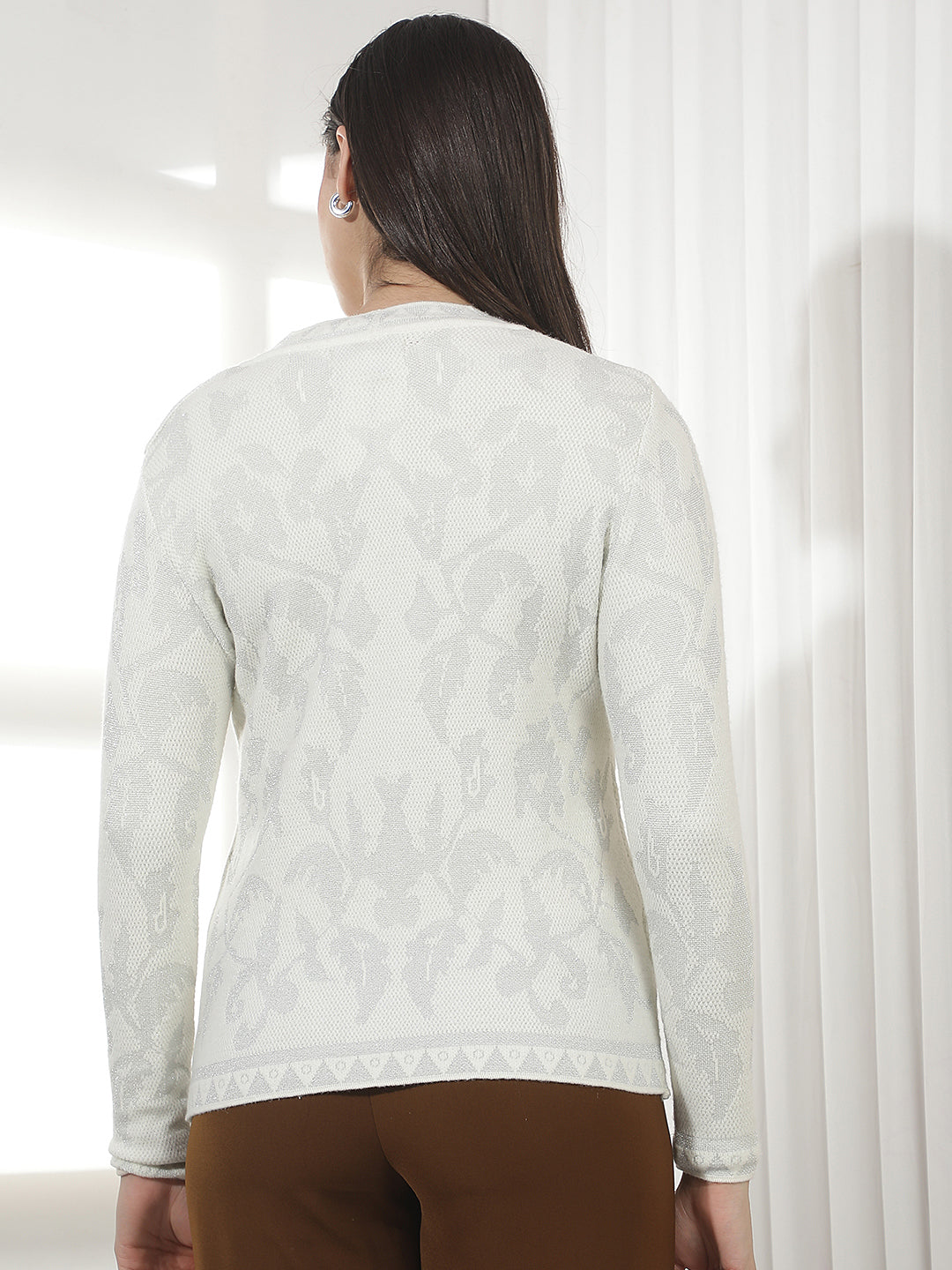 Off White Jacquard V-Neck Cardigan