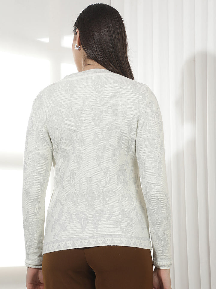 Off White Jacquard V-Neck Cardigan