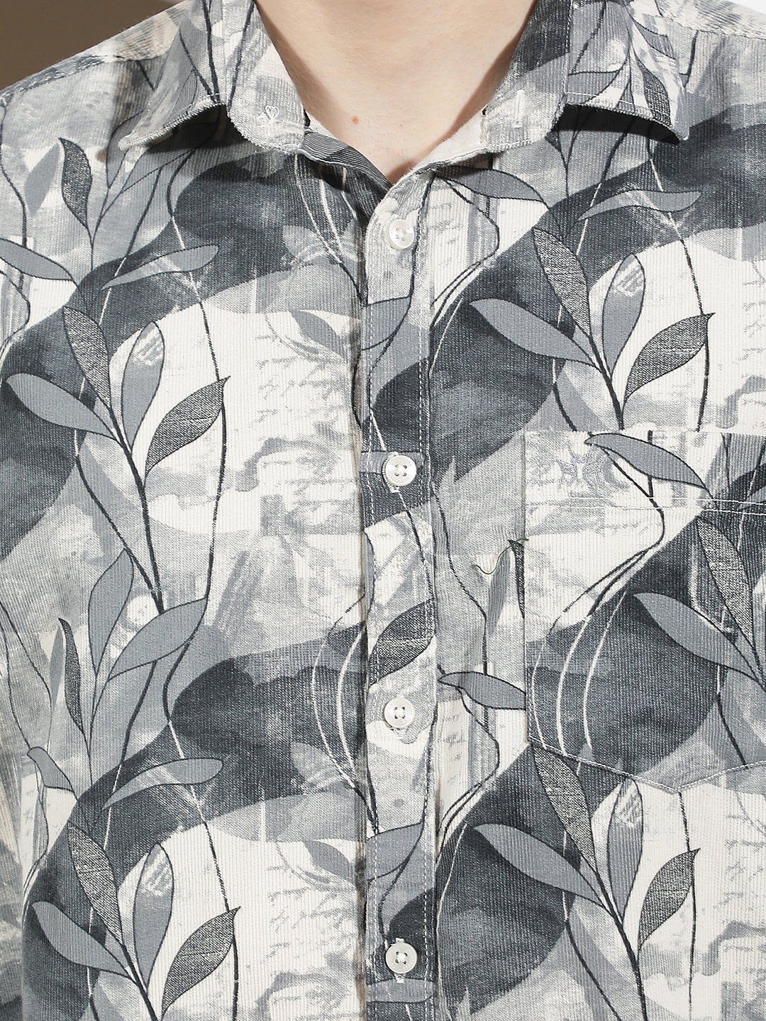 Grey Floral Print 100% Cotton Corduroy Shirt