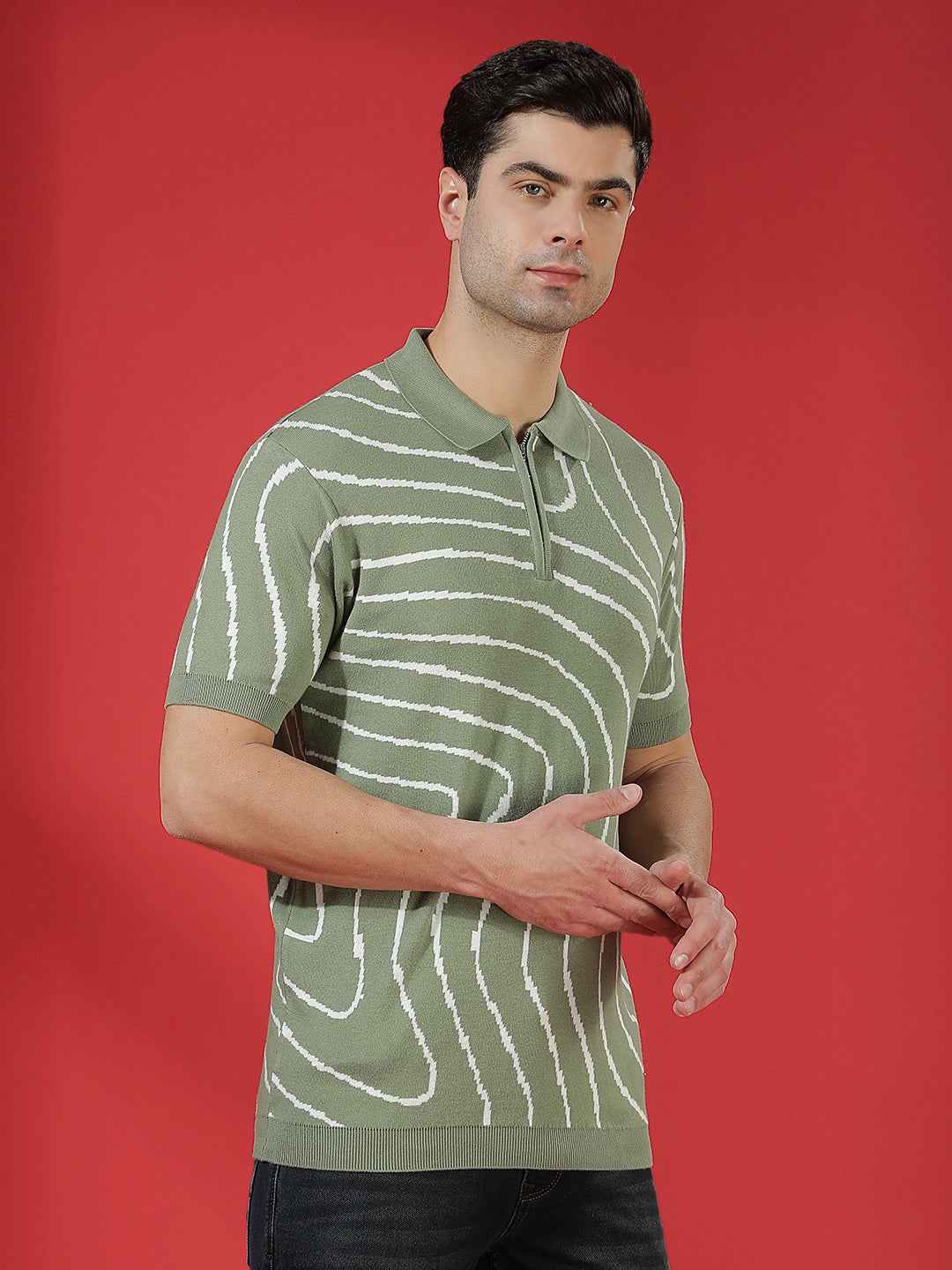 Green 100% Cotton Jacquard Texture Polo T-Shirt
