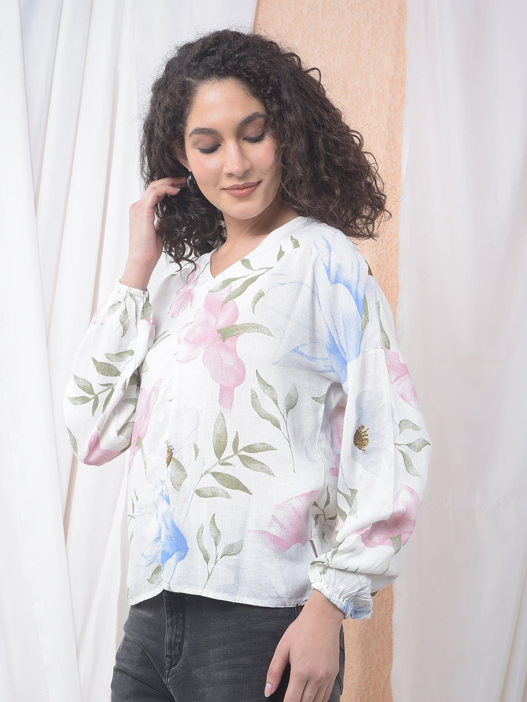 Printed Linen V-Neck Green Shirt