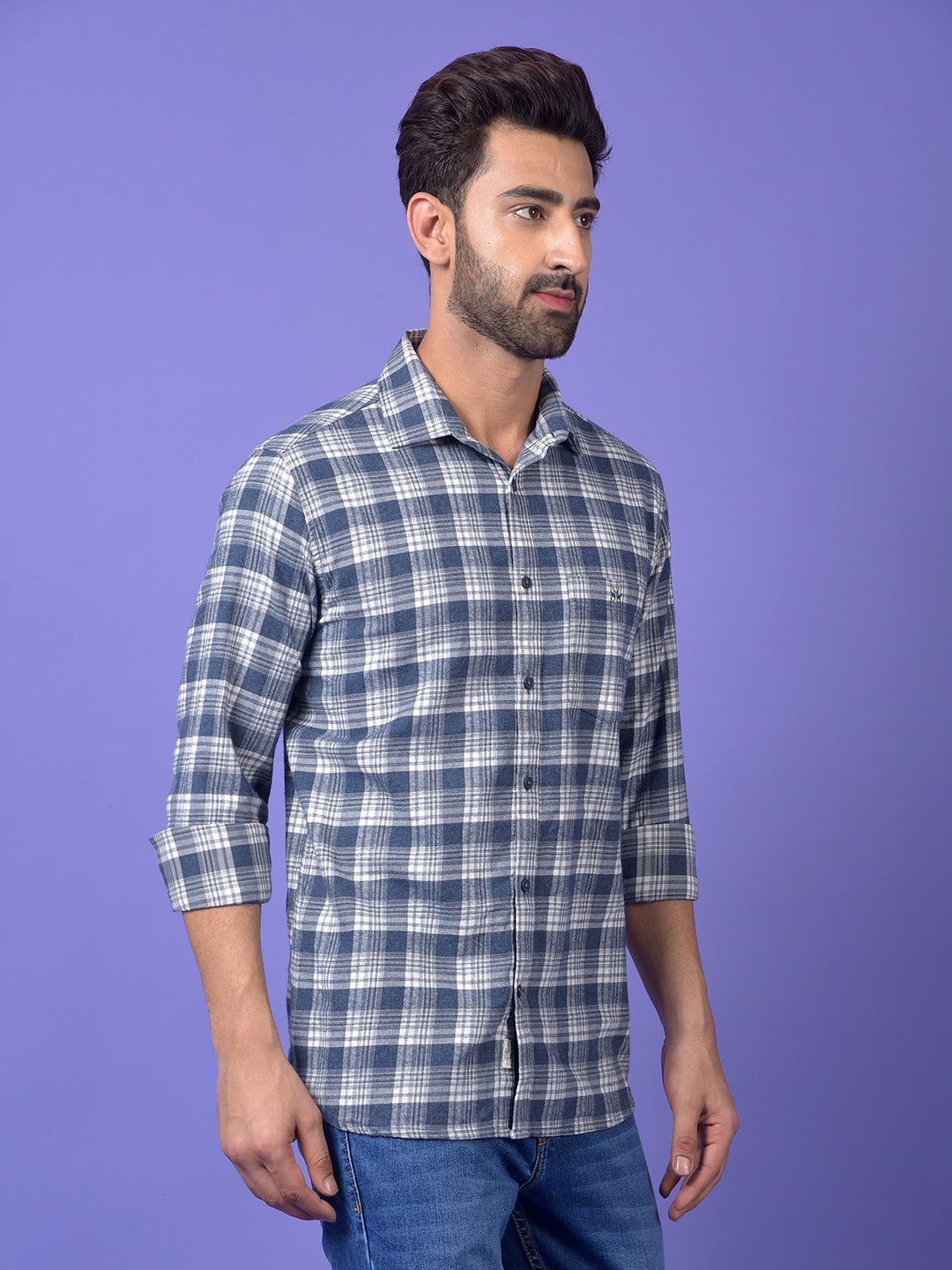 Navy Blue Checked 100% Cotton Shirt