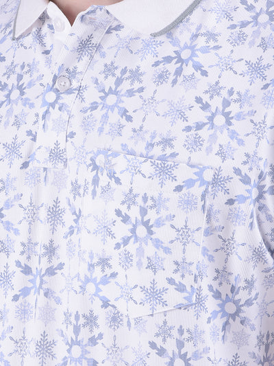 Blue Floral Print Polo-Neck T-Shirt