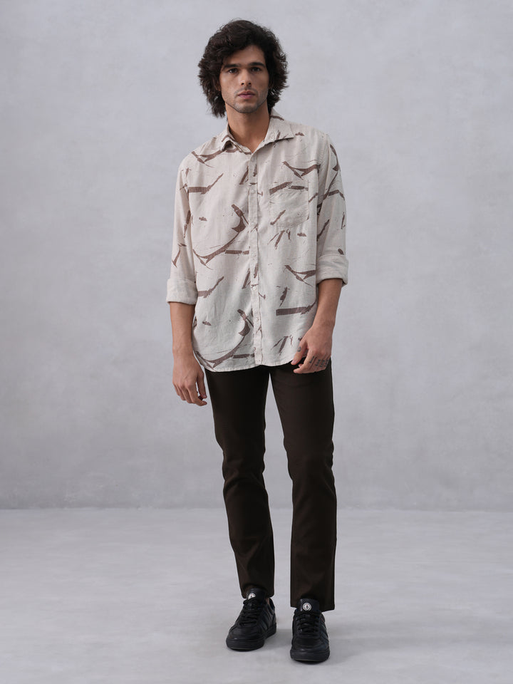 Sleek Brown Printed Linen Shirt