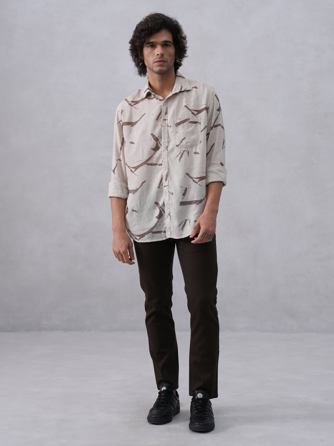 Sleek Brown Printed Linen Shirt