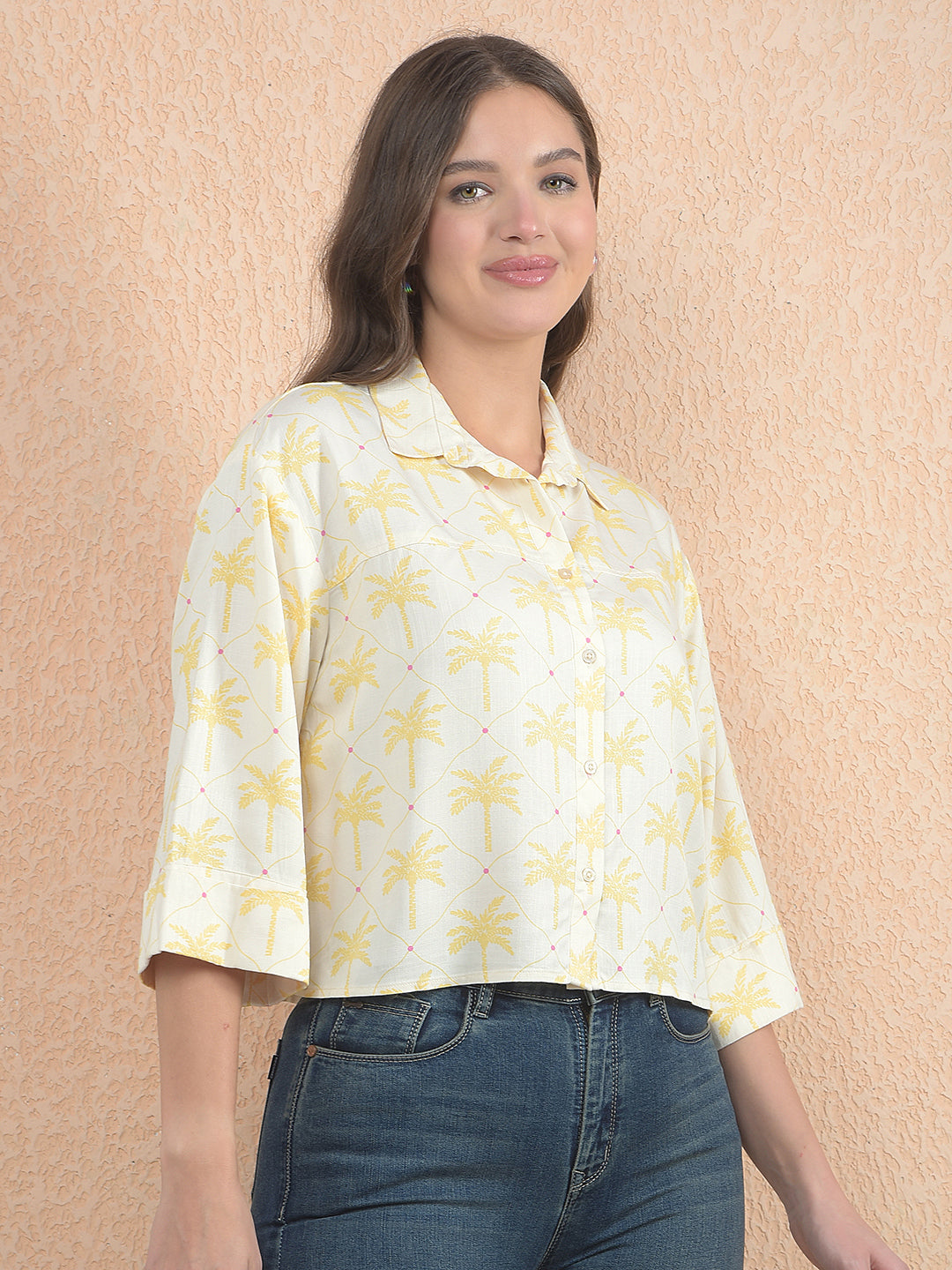 Printed Yellow Crop Shirt With Extended Sleeves