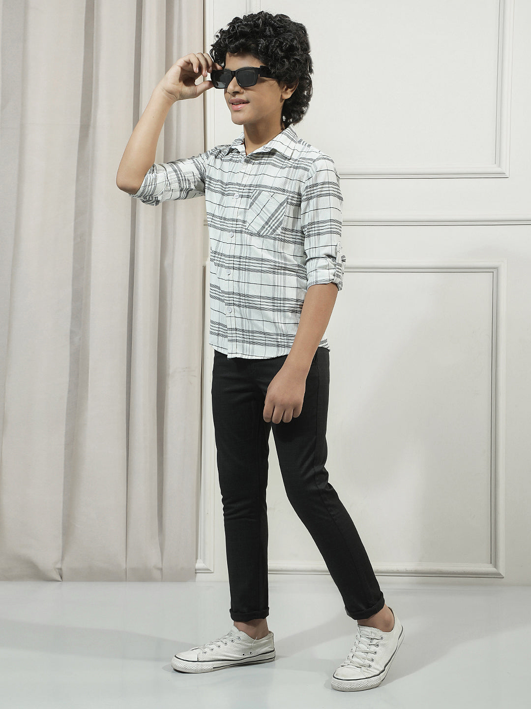 Black Cotton Checked Stretchable Trousers
