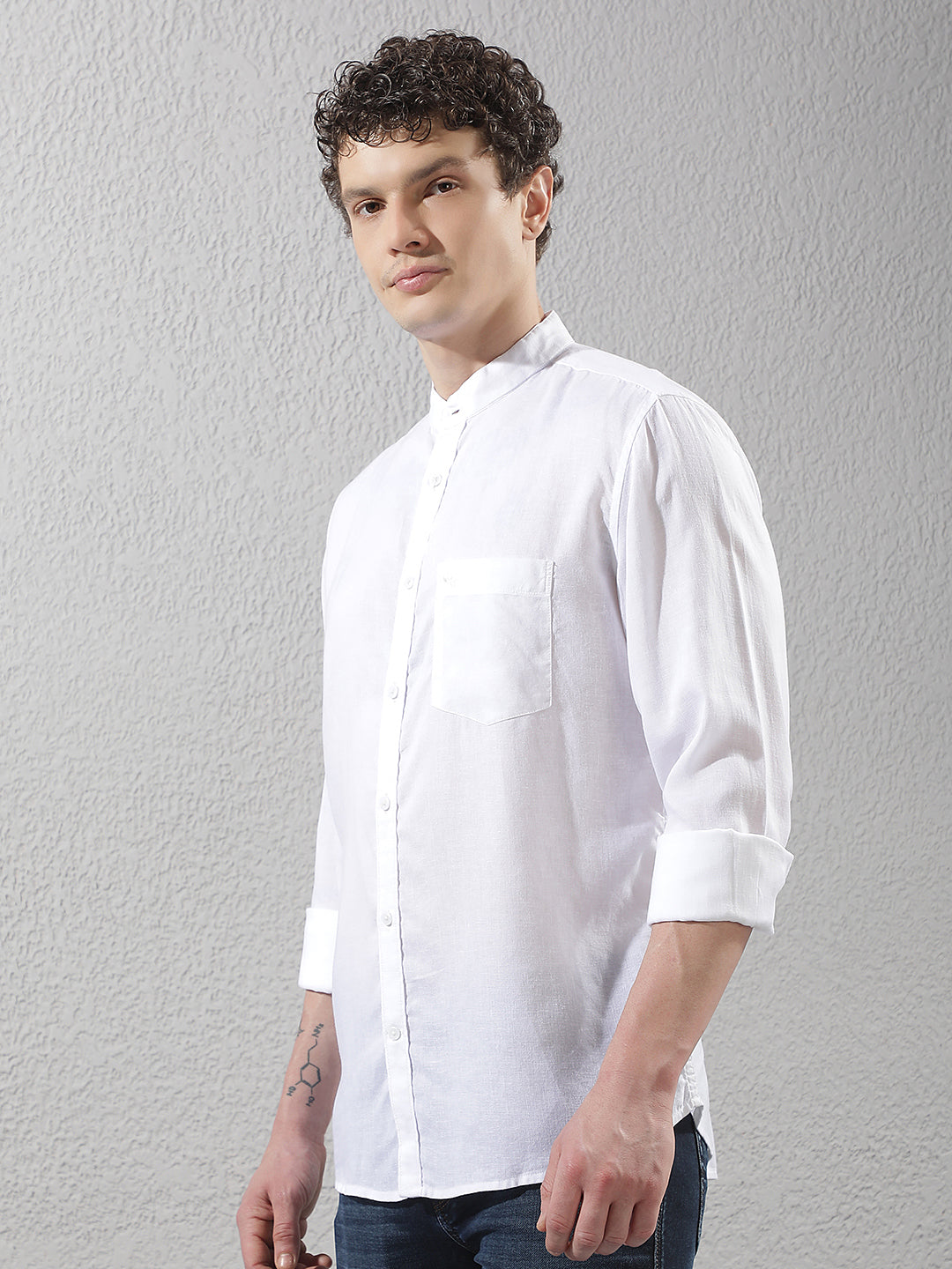 White Linen Mandarin Neck Shirt
