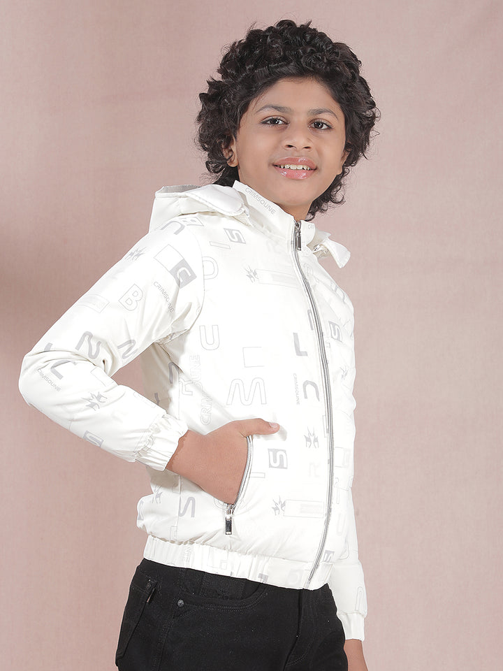 White Printed Hooded Puffer Jacket