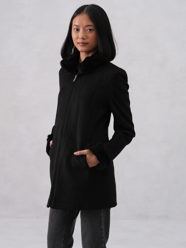 Faux Fur Trim Black Coat