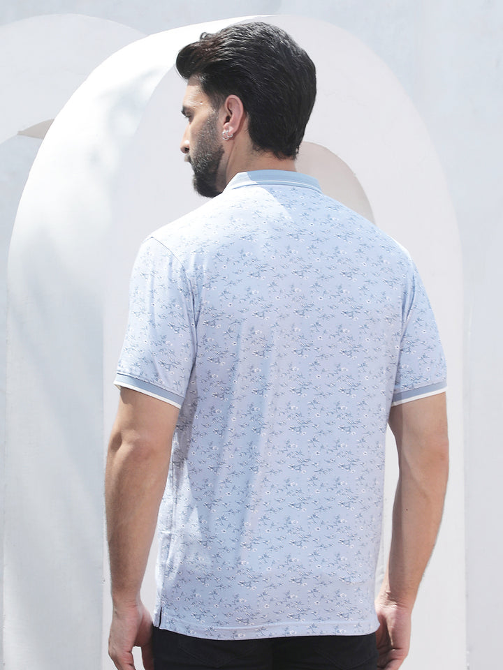 Blue Floral Print Polo Neck T-Shirt