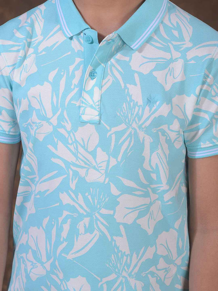 Blue Printed Polo Neck T-Shirt