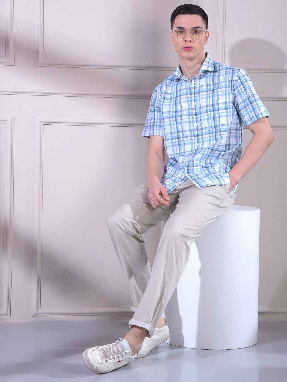 Beige Straight Dobby Trousers