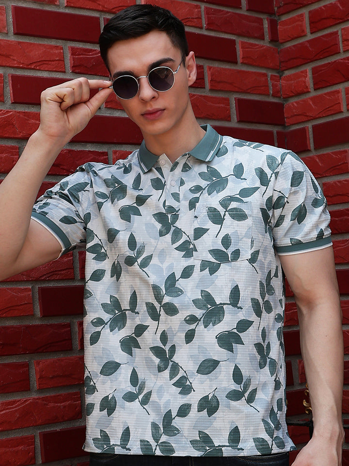 Blue Floral Print Polo Neck T-Shirt