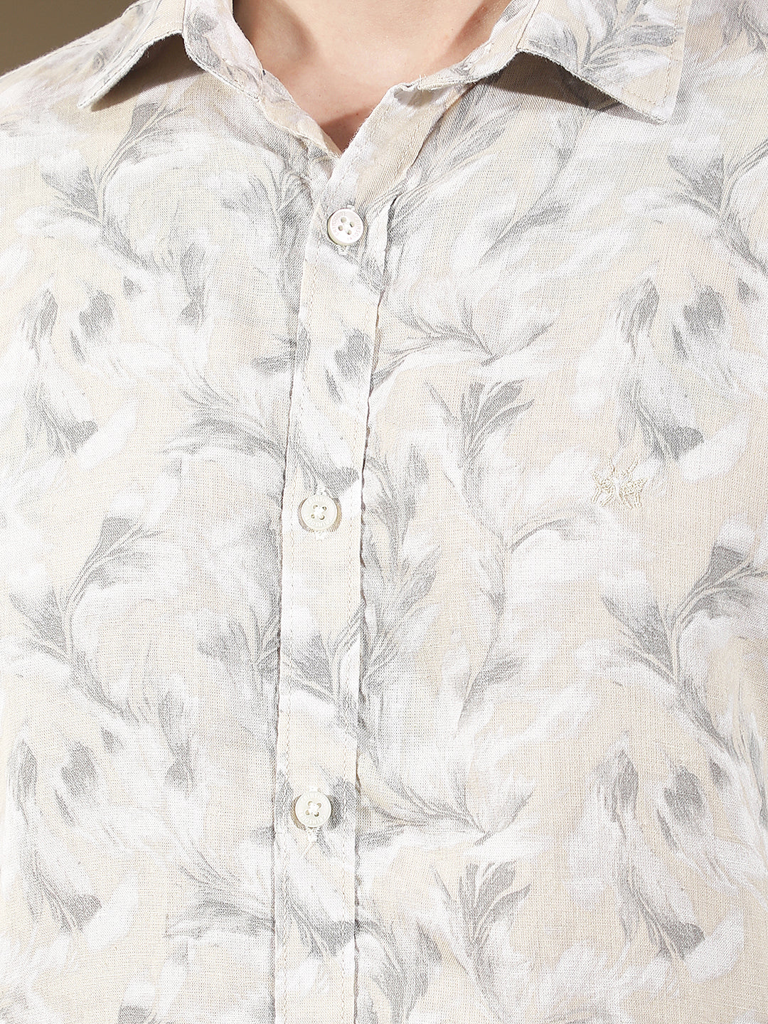 Beige Floral Print Linen Shirt