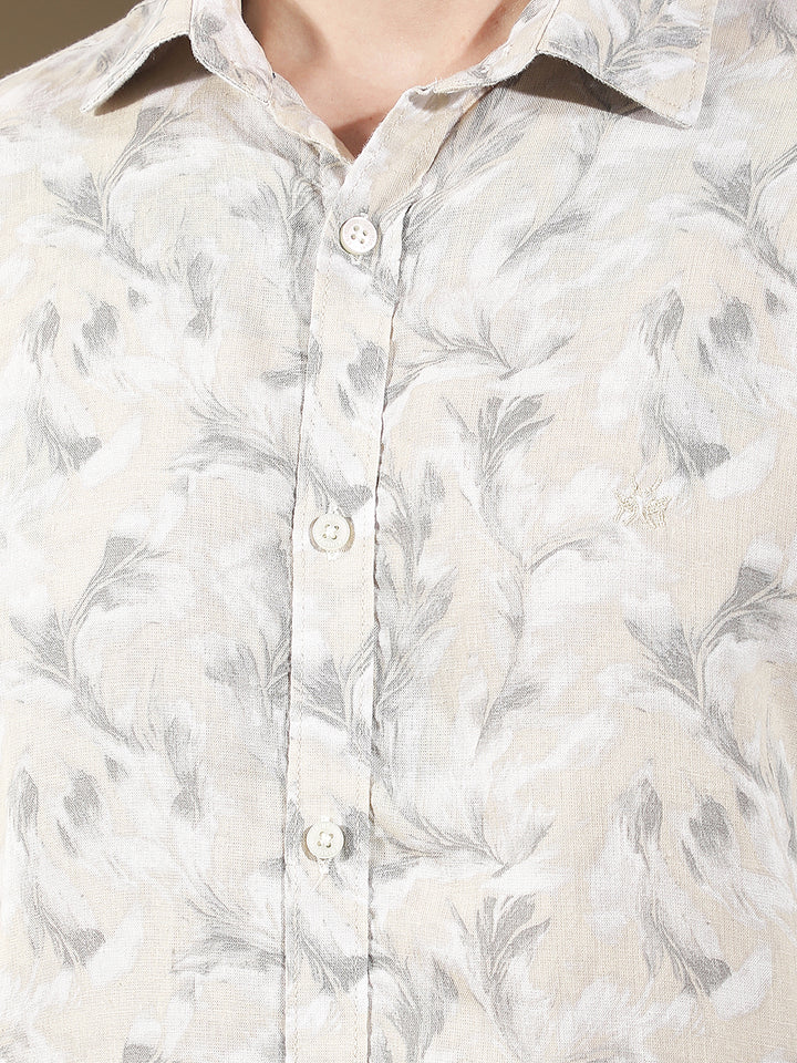 Beige Floral Print Linen Shirt