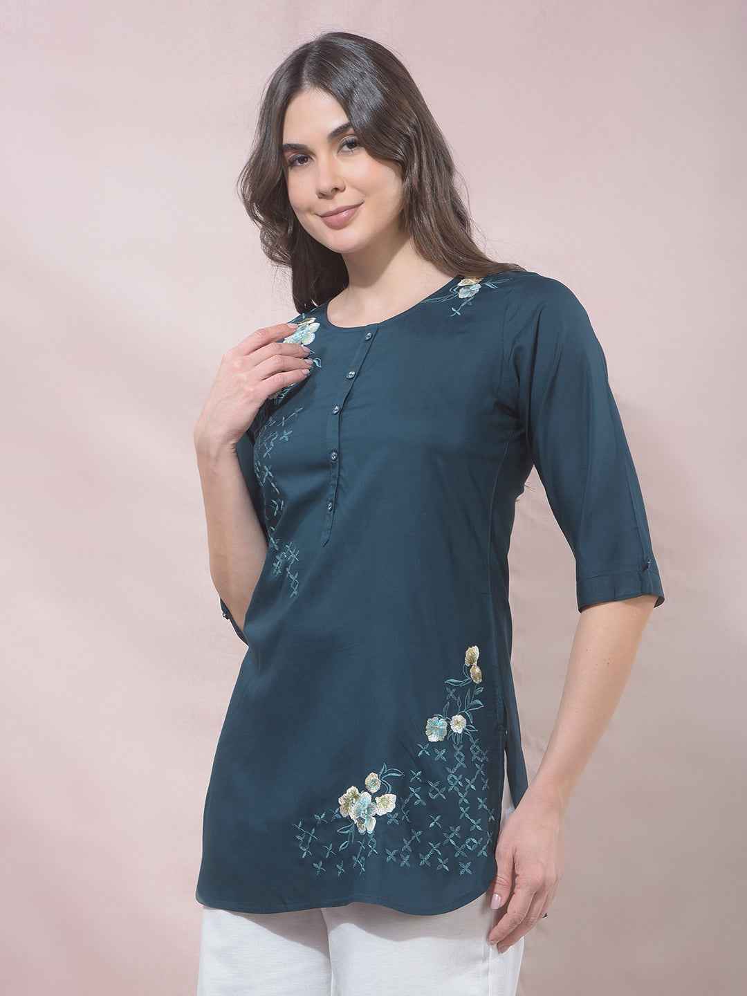 Green Floral Embroidered Top