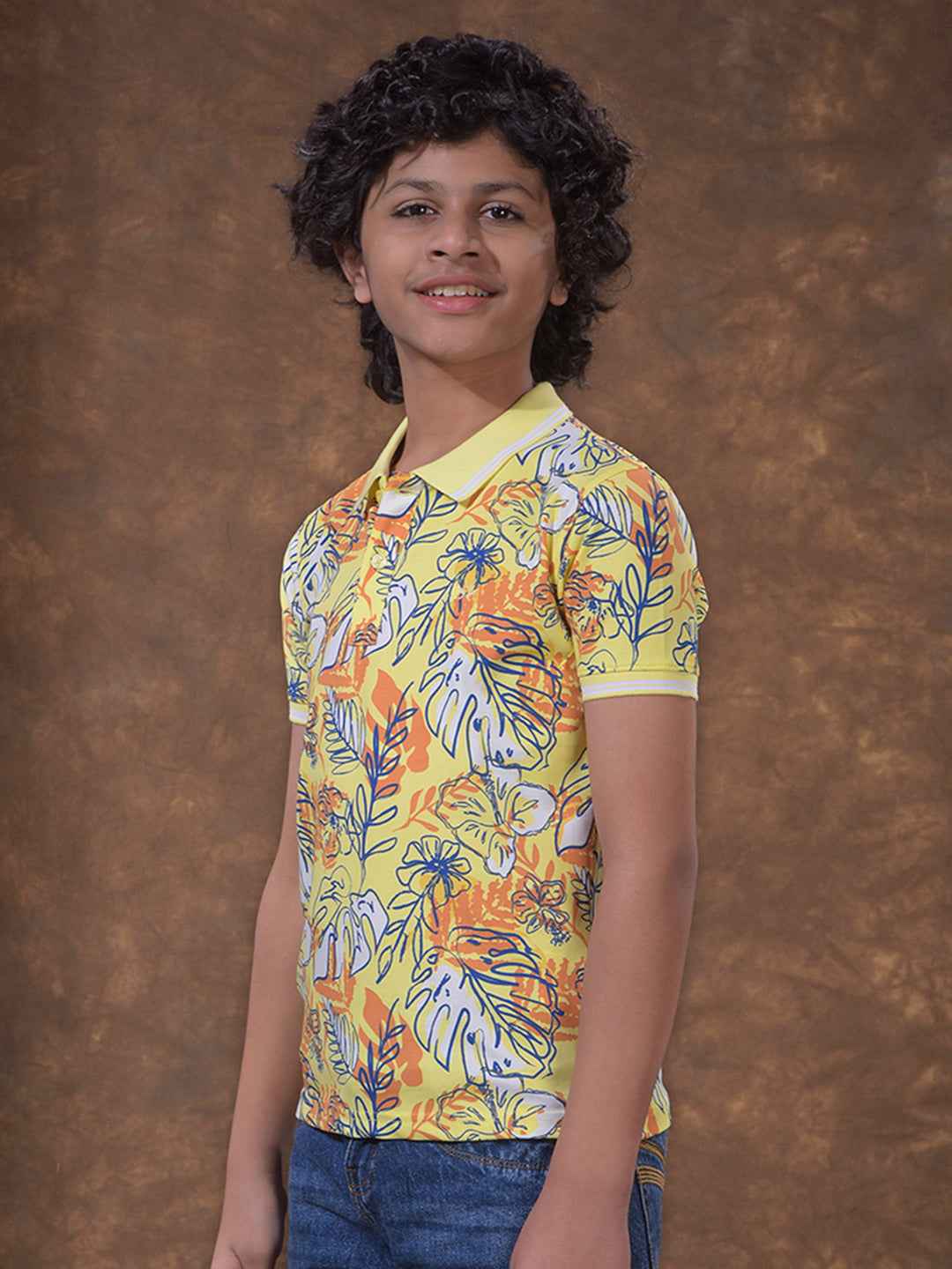 Green Floral Print Polo Neck T-Shirt