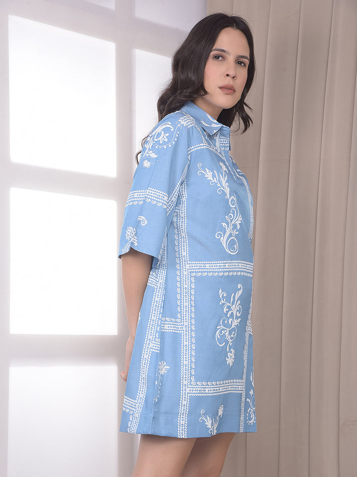 Blue Botanical Print Mini Shirt-Dress