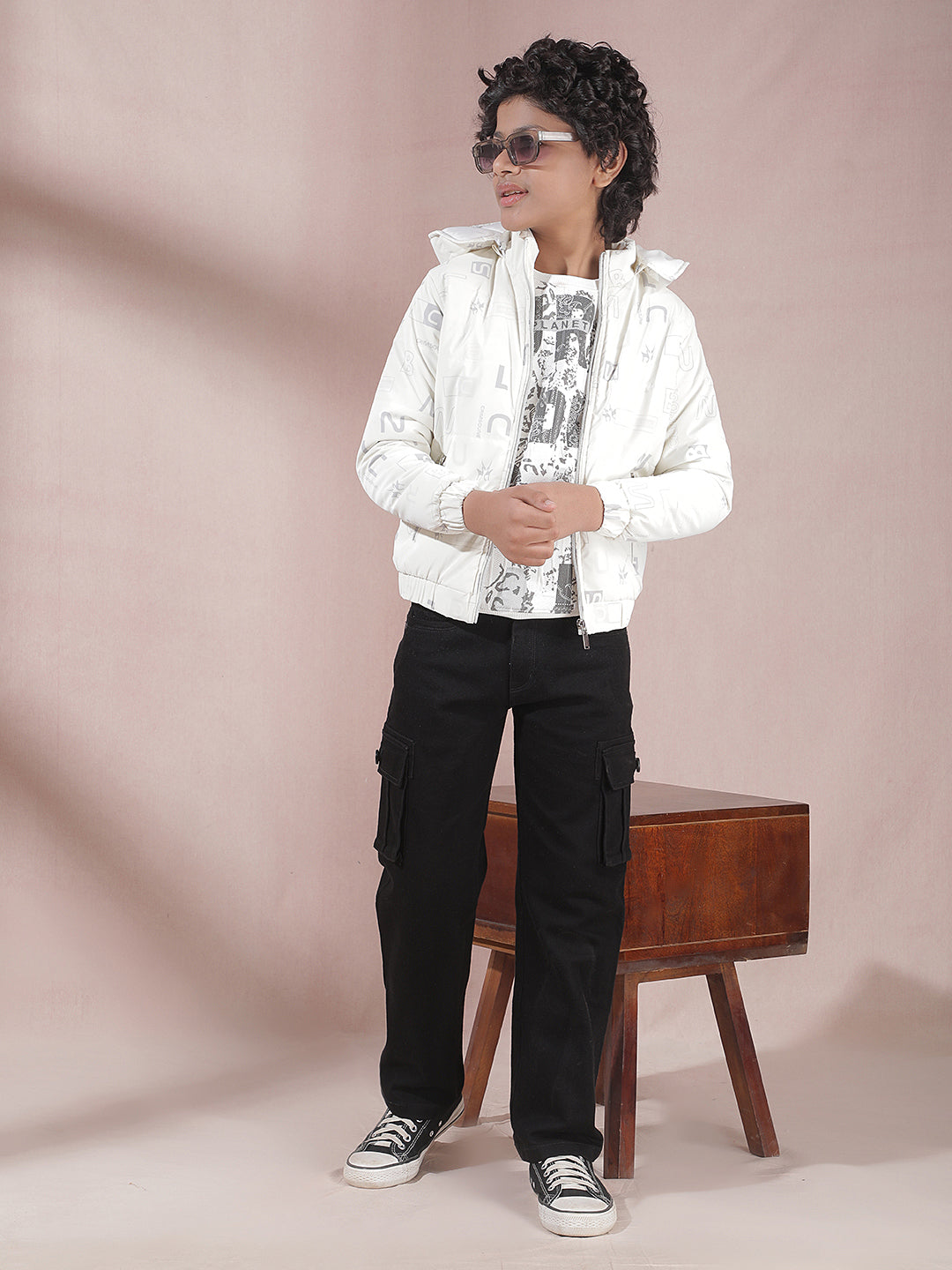 White Printed Hooded Puffer Jacket