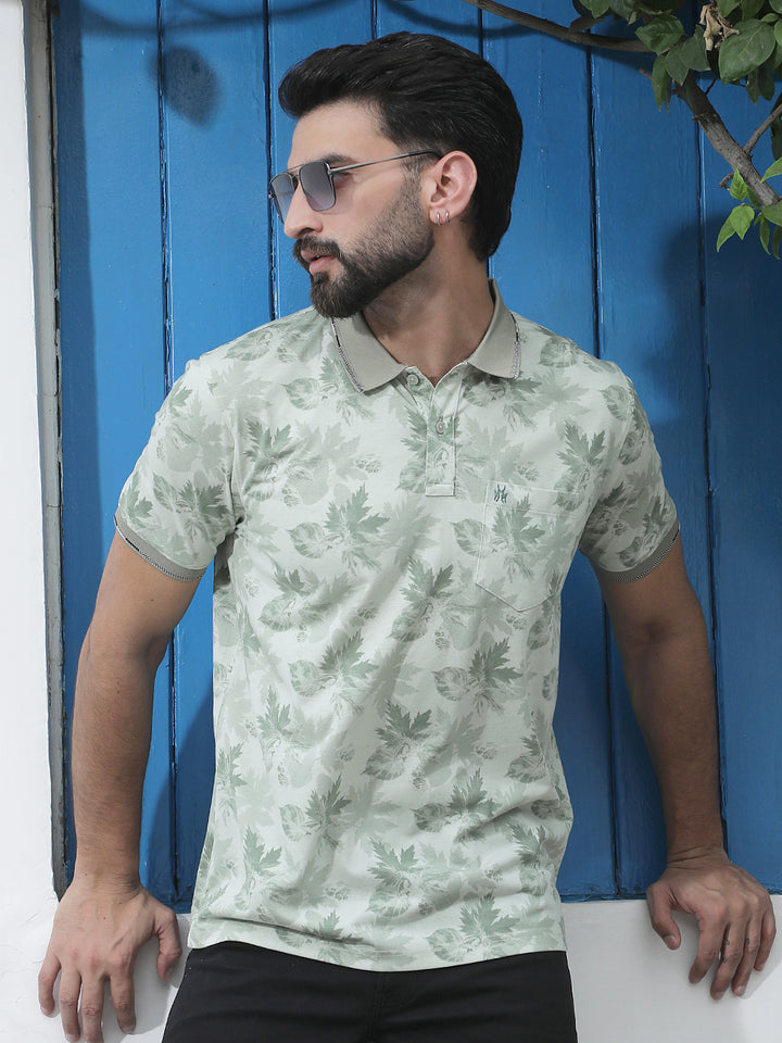 Green Floral Print Polo Neck T-Shirt