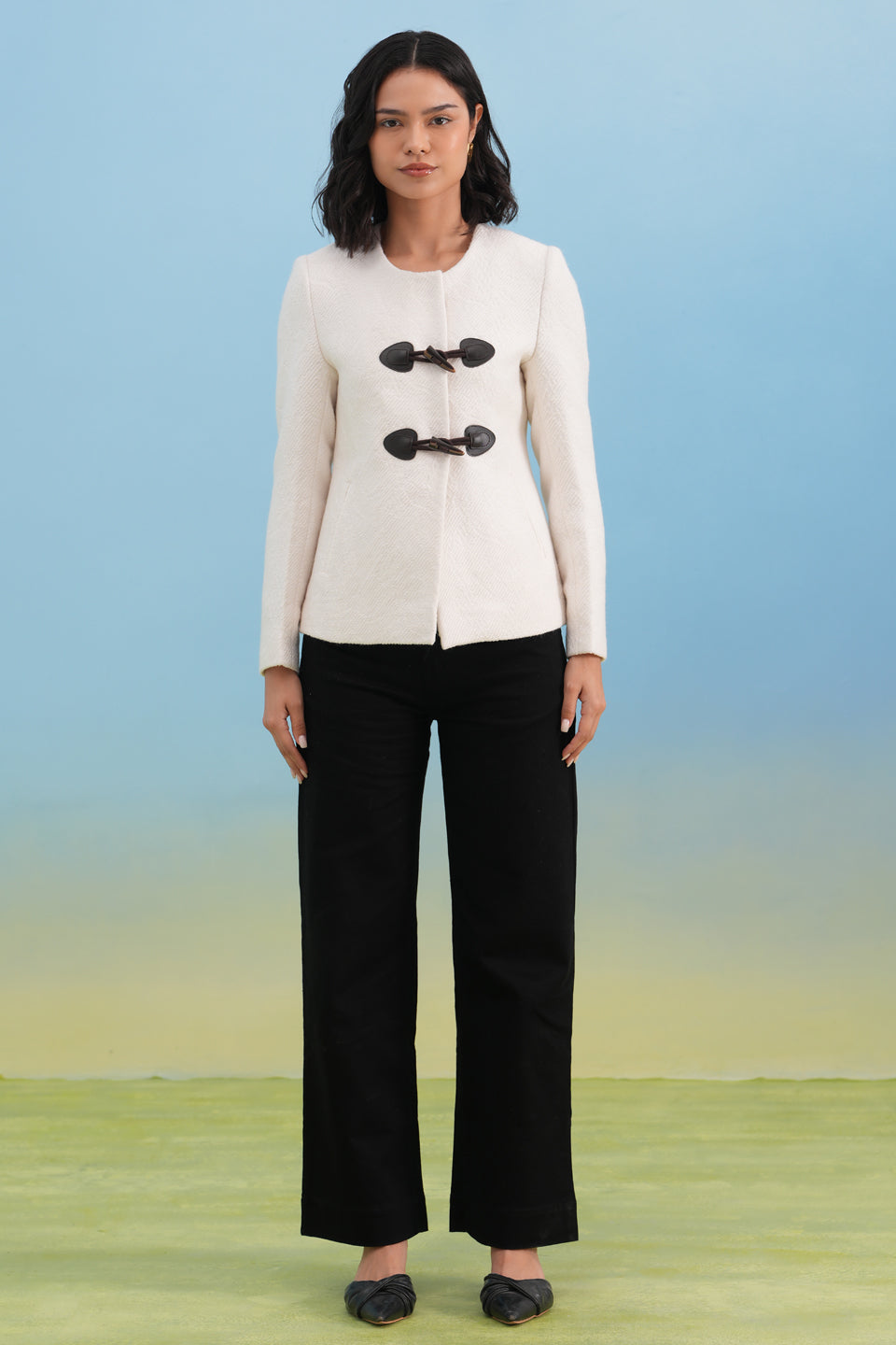 White Textured Toggle Detail Coat